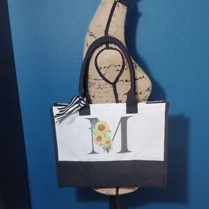 Floral Monogram Tote Bag - Black and White With Sunflowers And Cosmetic Pouch